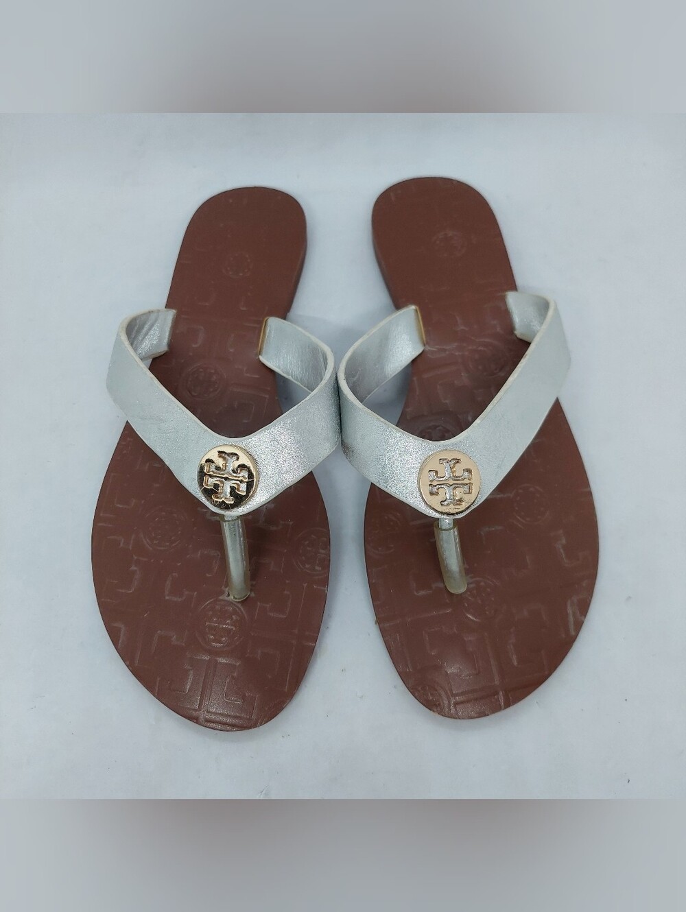 Tory Burch Thora Thong Flip Flops Sandal Womens Size 5-5.5 Silver Metallic